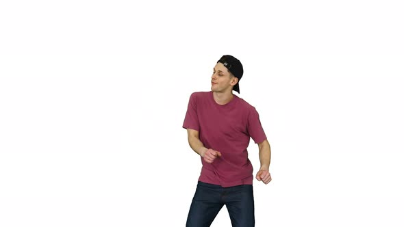 Caucasian Man Rapper Does Some Stylish Light Dancing on White Background.