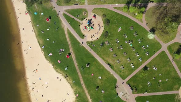 View From the Height of the Beach and Vacationing People in Drozdy in Minsk