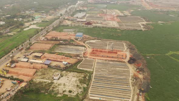 Aerial view of many brick factories, Dhaka province, Bangladesh.