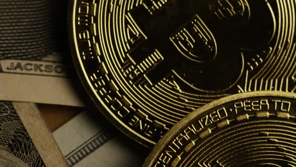 Rotating shot of Bitcoins (digital cryptocurrency) 