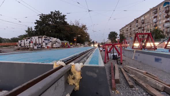 Tram Rails at the Stage of Their Installation and Integration Into Concrete Plates on the Road