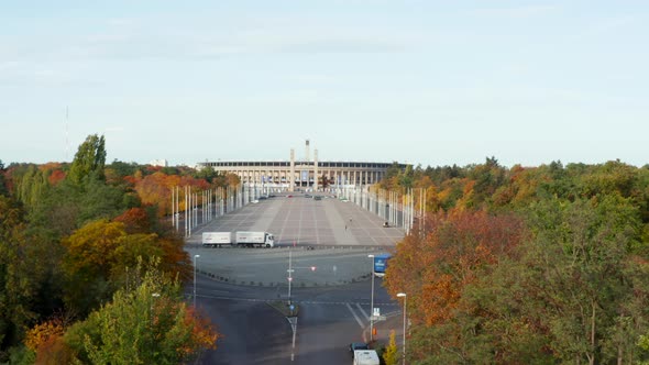 Empty Sports Stadium Entrance with No People During Coronavirus Covid 19 Pandemic, Aerial Wide Shot