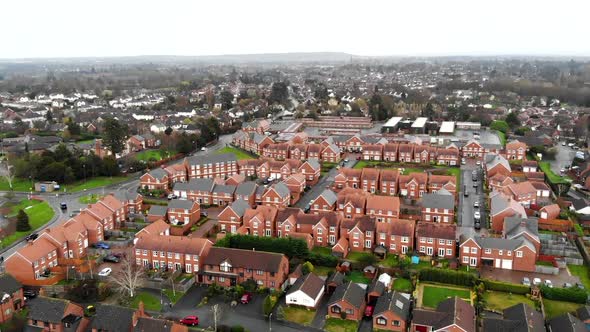 Aerial - A residential of Shrewsbury, a cold day with a view above the houses from the sky in a smal