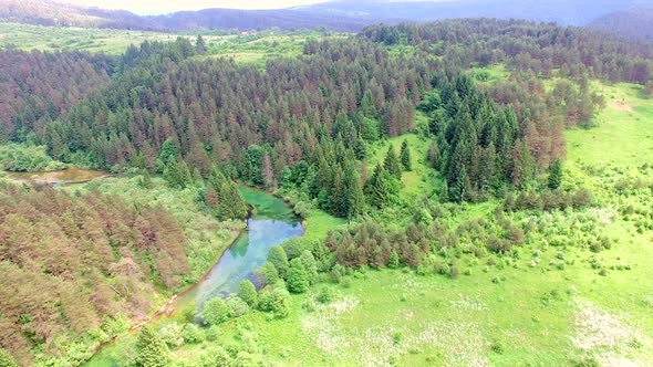 Aerial view of Jesenica river and surrounding in Croatian region Lika.