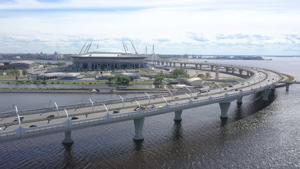 Aerial Drone slow tracking Shot of the Western High-Speed Diameter Bridge, Gulf of Finland in Saint