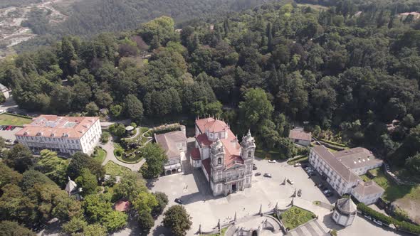 Hilltop church and Sanctuary of Bom Jesus do Monte, Braga, Portugal. Establisher shot