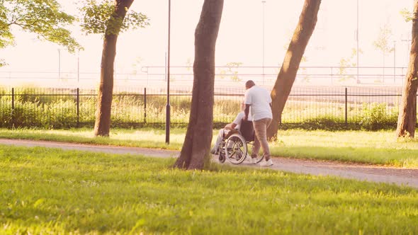 African-American caregiver and old disabled man in a wheelchair. Nurse and patient.