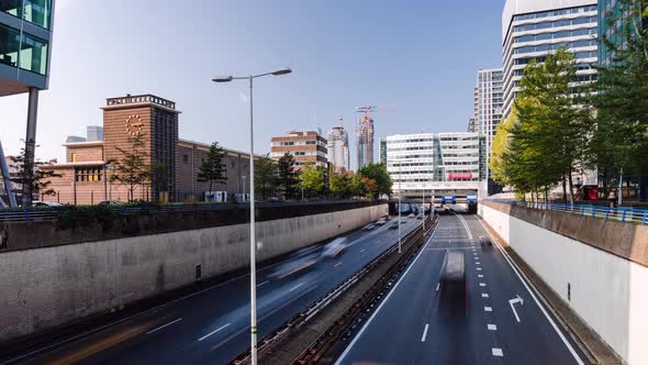 Day Time Lapse with traffic flow on highway in The Hague, The Netherlands