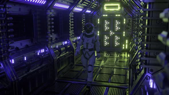 Astronaut Walking in Spaceship Tunnel Scifi Shuttle Corridor