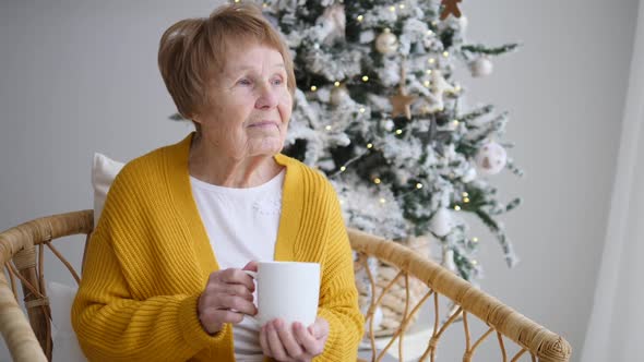 Positive Senior Woman With Cup Of Tea Spending Christmas Holidays At Home.