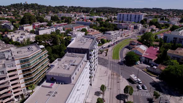 City life in Montpellier France. (drone shot),