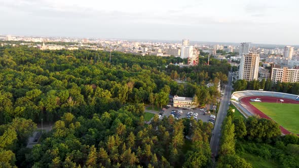 Aerial Kharkiv city center cityscape near park