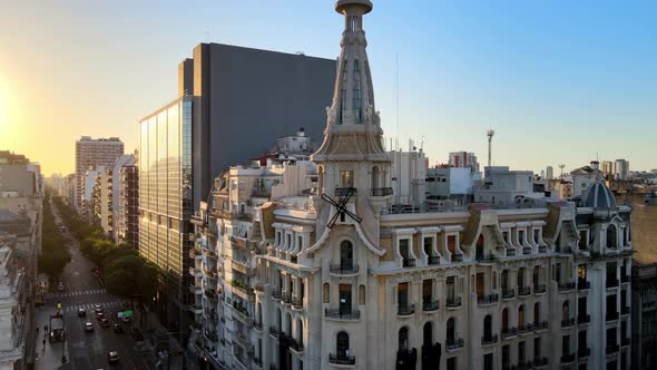 Aerial orbit of El Molino historic Art Nouveau building recently restored in busy Buenos Aires at go