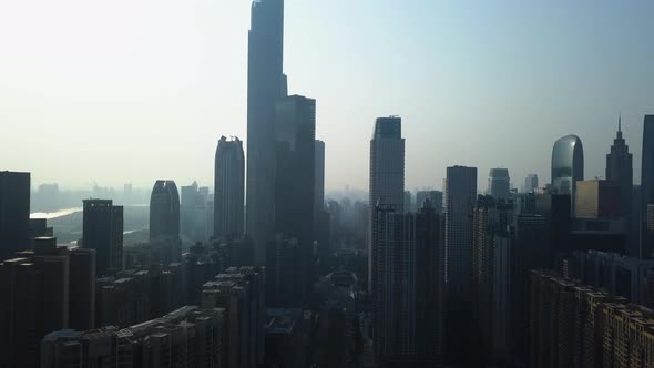 Aerial shot of Guangzhou downtown central buildings district (CBD) on a sunny day in the afternoon