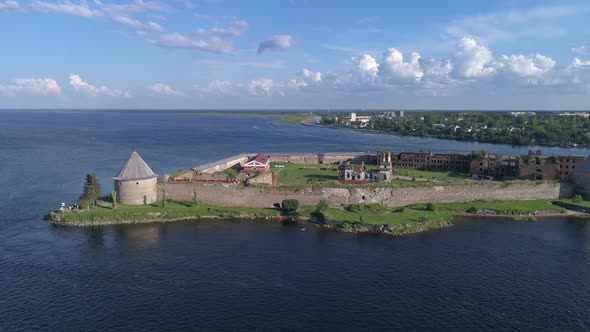 Aerial Around View on Fortress Oreshek in Russia