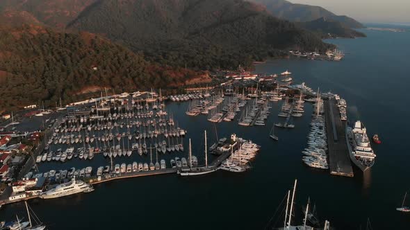 Aerial View of Luxury Large Cruise Ship at Port, Luxury Liner Is in the Bay of the Resort Town