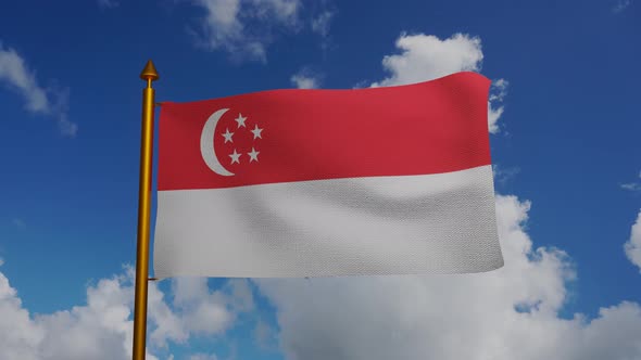 National flag of Singapore waving with flagpole and blue sky timelapse