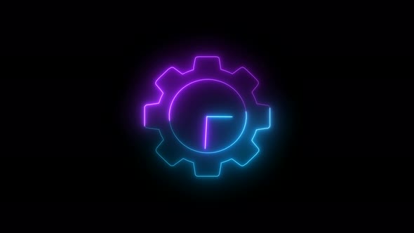 Purple Cyan Color Neon Light Gear Design Clock Isolated On Black Background