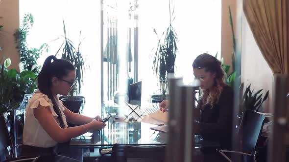 Two Business Women Discuss a Business Project Sitting at a Table in the Office Opposite Each Other