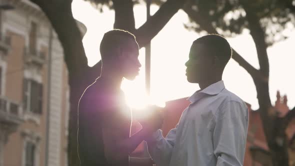 young African American men greeting each other in the park at sunset-slow motion