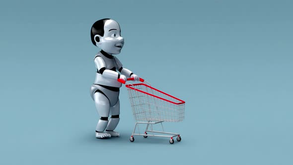 4K concept animation of a baby robot shopping