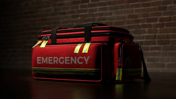 The red emergency first aid bag against a brick wall. Ambulance lights blinking.