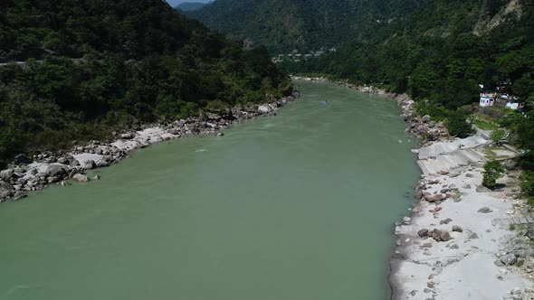 The Ganges river near Rishikesh state of Uttarakhand in India seen from the sky