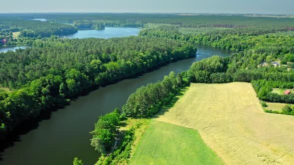 Aerial view of wildlife in Poland. Forest and curvy river.