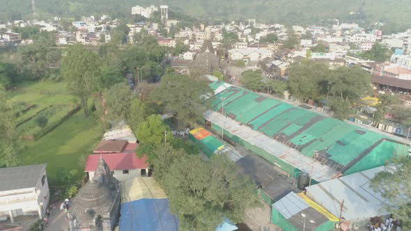 Aerial View of Trimbakeshwar Shiva Temple captured by drone camera. One of the twelve 12 Jyotirlinga