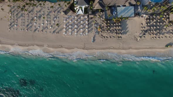 Drone is Flying Along the Shore Top View of a Tropical Beach Resort
