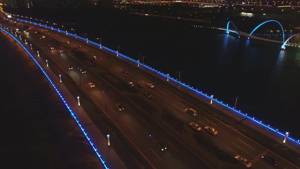 Aerial View of the Bridge in the Modern City Panoramic View of the Bridge with Illumination