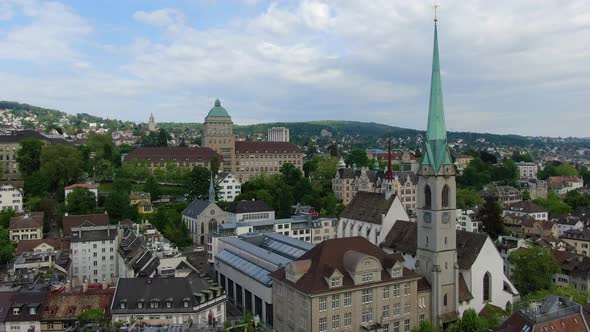 Aerial shot of Predigerkirche church and Zurich central library, Switzerland