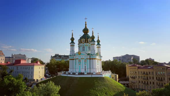 Aerial Drone Video Famous St. Andrews Church and Panorama of Kyiv, Ukraine