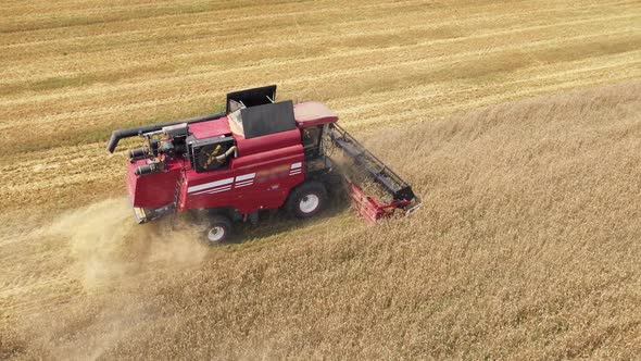 Combine Harvester Harvesting Cereal Crops In Agricultural Field Aerial View