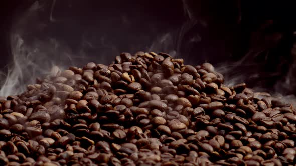 Steam Rising Coffee Beans Heap Close Up