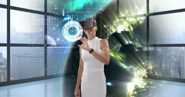 Businesswoman using virtual reality glasses