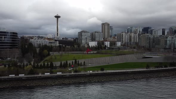 Aerial Dolly of Seattle Skyline, Space Needle, and Sculpture park