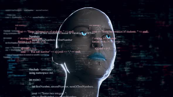 Humanoid Android Robot With Artificial Intelligence Reading Programming Codes 4K alt