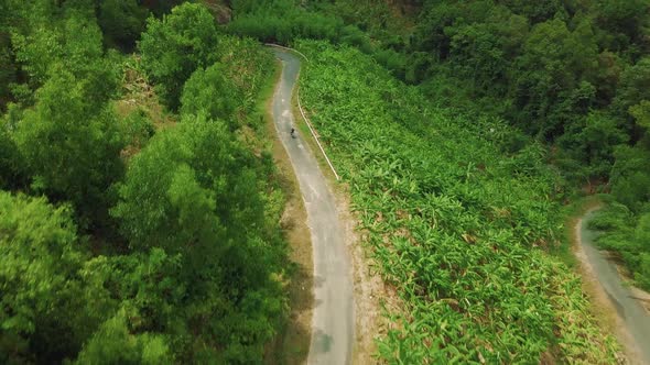 Motorcyclist Riding a Bike Across Curvy Road in the Mountain with Lush Greenery.