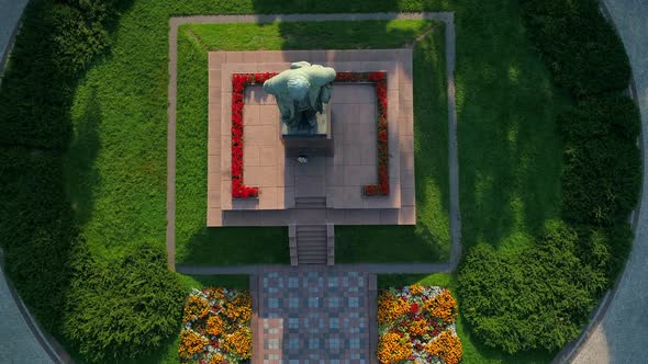 Aerial Top View Monument Writer Taras Shevchenko in Park on Sunny Summer Day