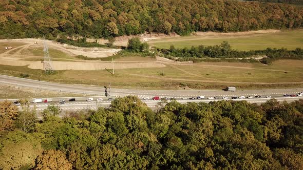 Aerial View of the Motorway Traffic Jam on Highway Road