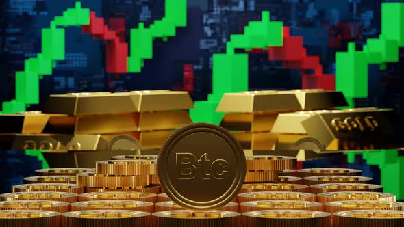 3d Render Golden Bitcoin Btc Spinning with Gold Bars and Coins on Background