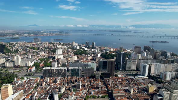 Panning wide view of downtown city of Rio de Janeiro Brazil. Tourism landmark.