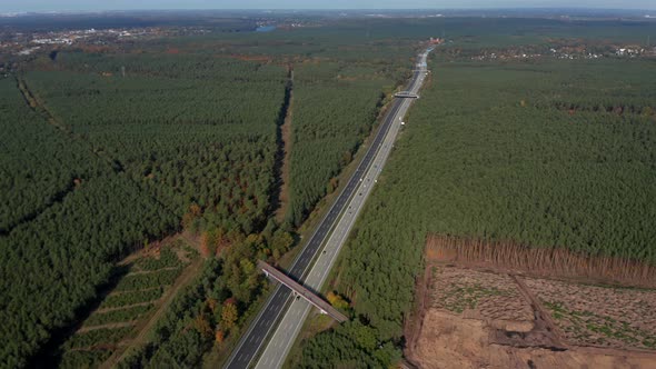 Long German Highway Autobahn in Between Forest Rural Landscape, Aerial View From Above