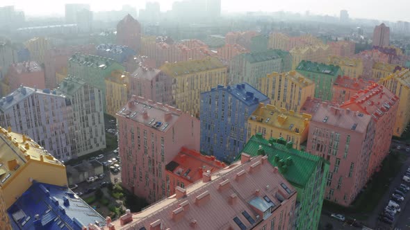 Top view of the colorful modern buildings, aerial footage from the drone