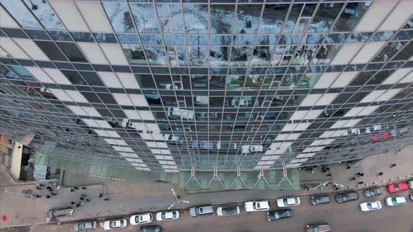 Street Reflection on Glass Steel Building Facade