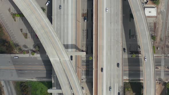 AERIAL: Spectacular Overhead Follow Shot of Judge Pregerson Highway Showing Multiple Roads, Bridges