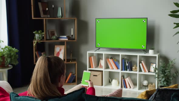 Woman Using Smartphone with Chroma Green Screen