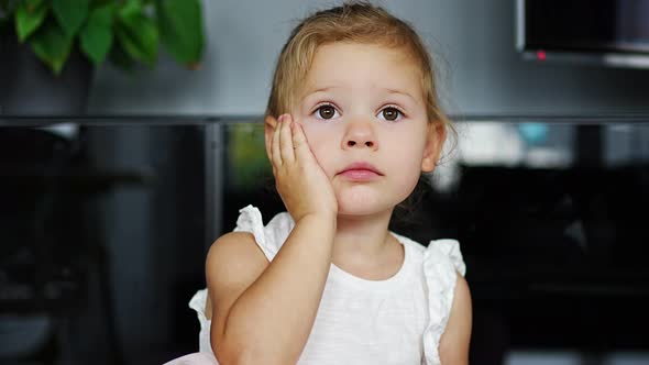 Little Girl Smiles and Looks Closeup Into the Video Camera