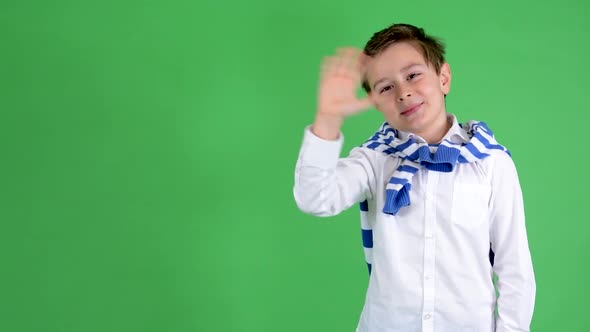 Young Handsome Child Boy Waves with Hand - Green Screen - Studio